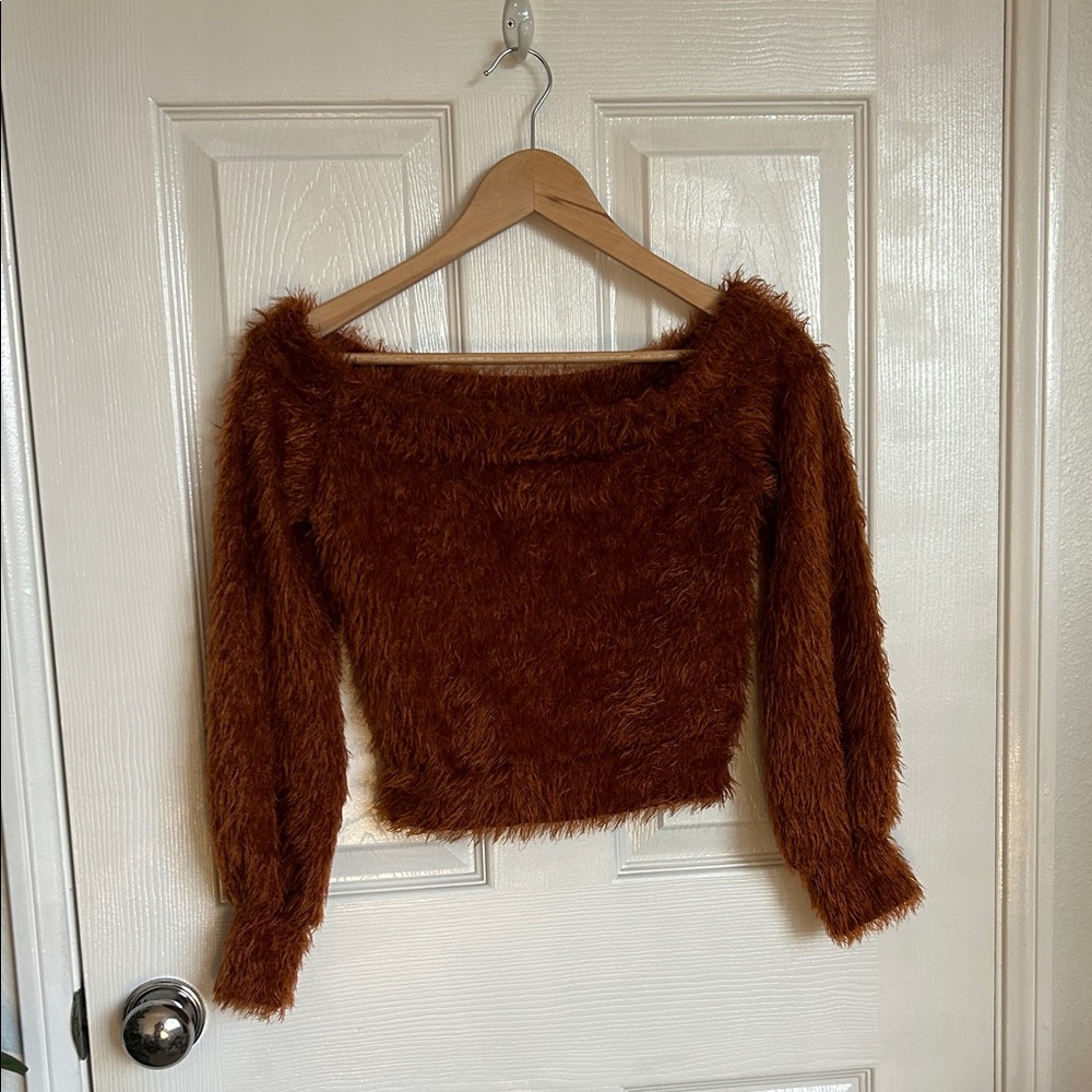Windsor Rust Off-Shoulder Fuzzy Sweater